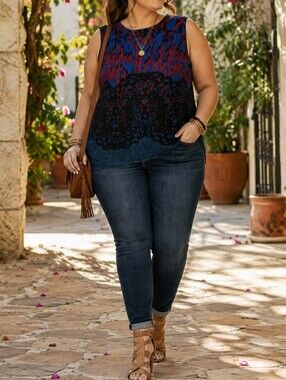 Daniel Rainn Blue Burgundy Abstract Print Sleeveless Shell Blouse High Low Boho